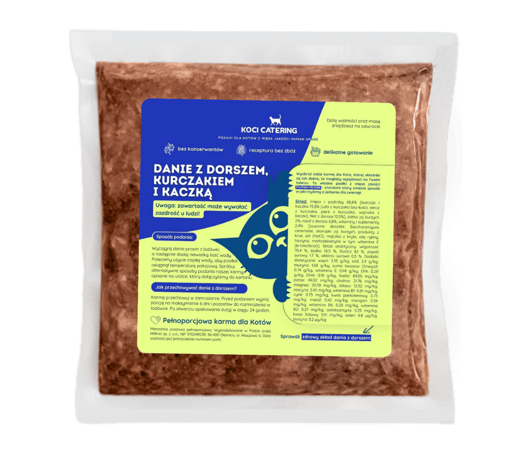 Mięso dorsza, kurczaka i kaczki w misce